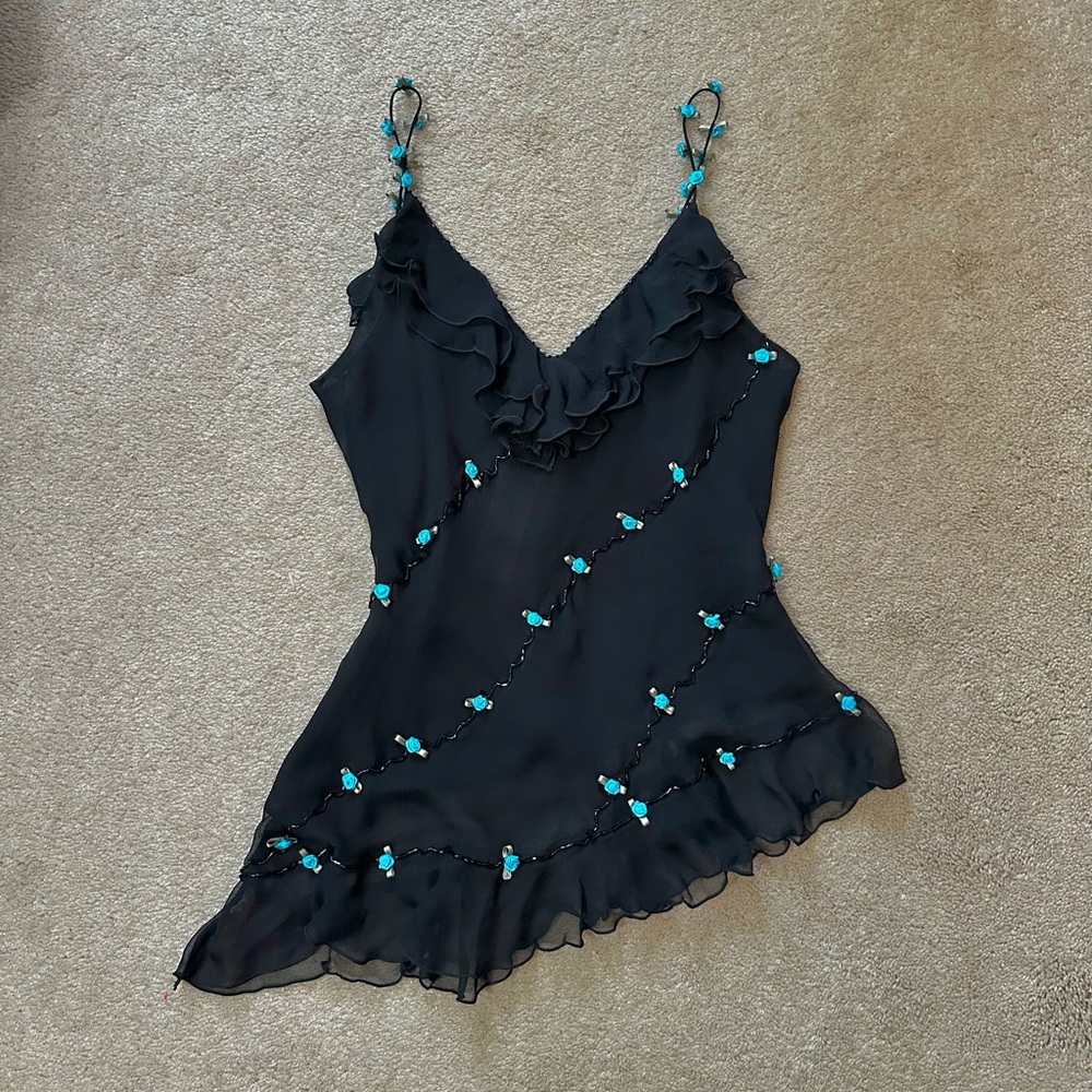 VINTAGE Ice Silk Ruffle Rosette Rose Beaded Appliqué Top Black 10P Fairycore